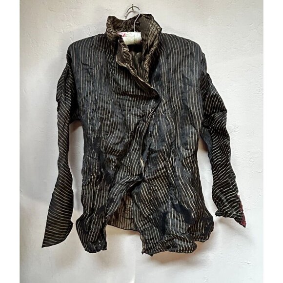 Deborah Cross Textile Artist Wrap Front Striped Crinkle Blouse Long Sleeve Black - Picture 1 of 7